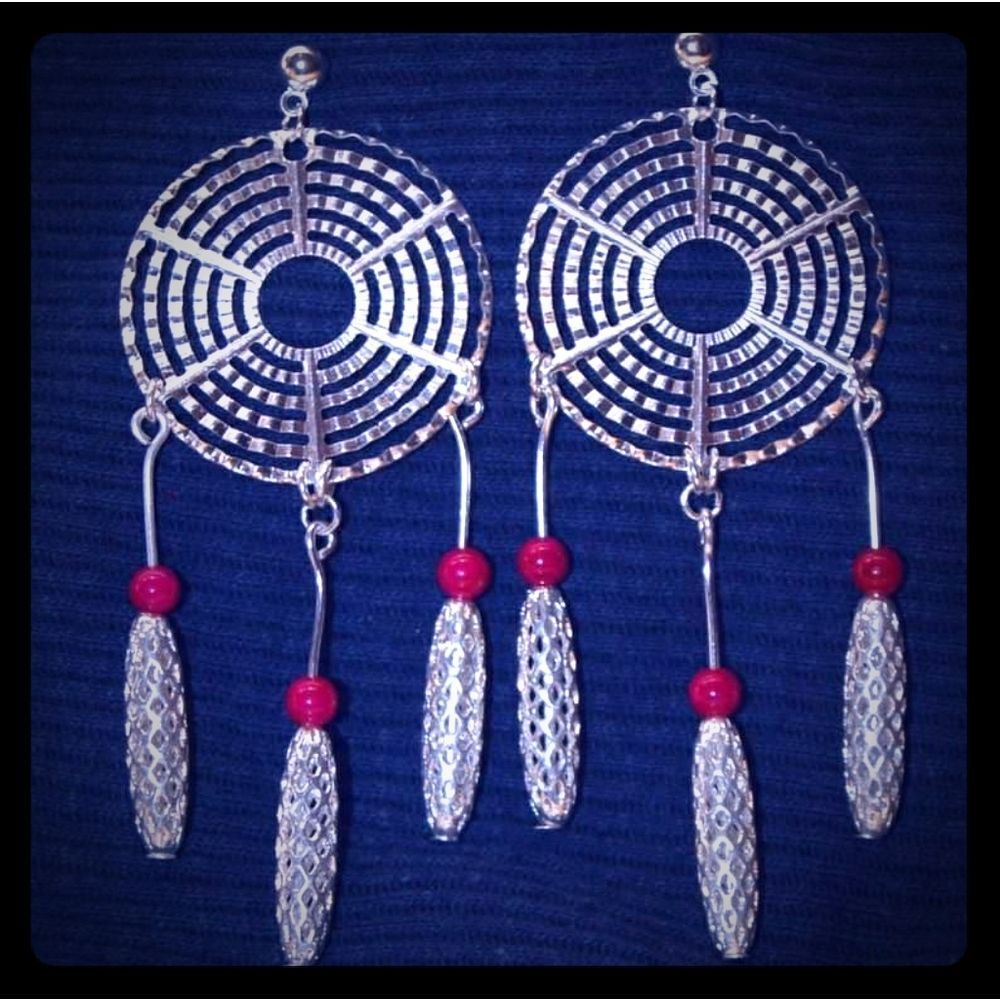 Handmade Funky Abstract Silver Plated Pink Fossil Stone Dreamcatcher Earrings